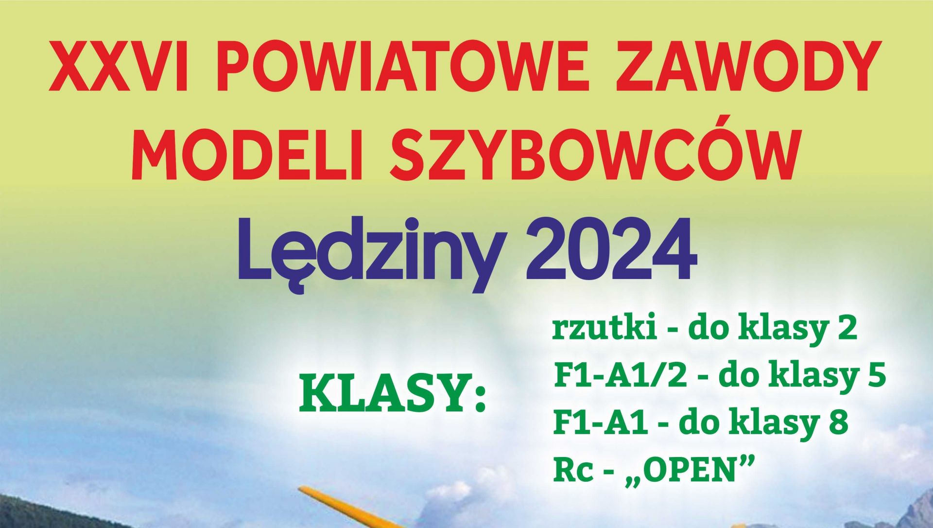 Plakat informacyjny żółty szybowiec na tle gór